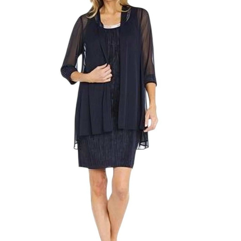 R&M Richards Womens Jacket Dress Set Embellished Shimmer‎ Navy Size 6